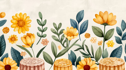 Sticker - Ink watercolor illustration featuring radiant hues of golden yellow and russet celebrating Mid Autumn Festival mooncakes banner design watercolour background 