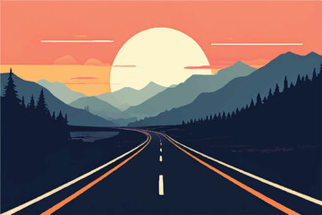 Wall Mural - Beautiful sunrise on the highway, flat vector illustration. Highway landscape with beautiful sunset. Highway vector background. 