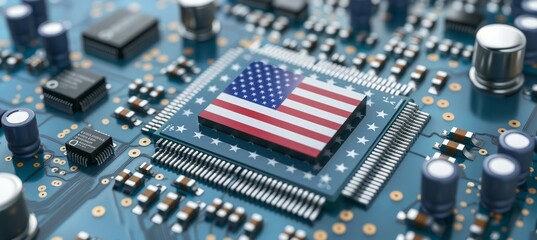 Wall Mural - Computer microchip motherboard with America flag. 4th of July or America independence day. Generative AI technology.