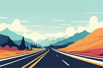 Wall Mural - Highway Vector background. Road landscape. Beautiful Landscape showing view of a road. vacation trip. Vector Illustration.	 Highway with beautiful sky.