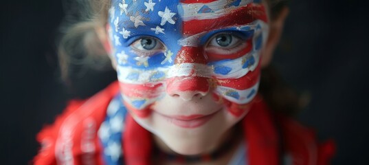 Wall Mural - A girl with America flag paint on face. 4th of July or America independence day. Generative AI technology.	
