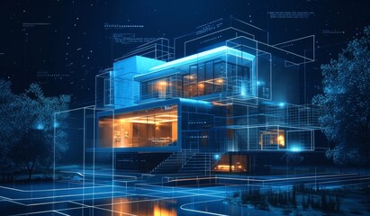 Wall Mural - futuristic smart home exterior, with data visualization lines, automation system, created with ai