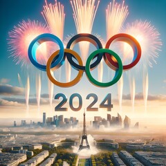 Paris 2024 Olympic Games Illustration with olympic rings and fireworks in futuristic style