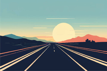 Wall Mural - Beautiful sunset on the highway, flat vector illustration. Highway landscape with beautiful sunset. Highway vector background. 