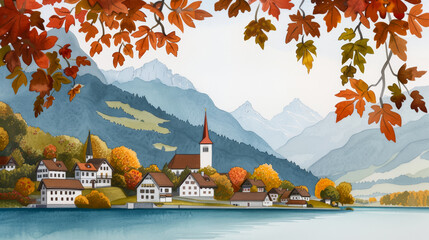 Wall Mural - Watercolor illustration of a tranquil Norwegian fjord in autumn with cascading cliffs and mirrored waters ink watercolour 