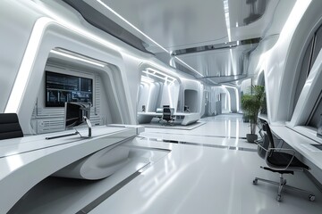 Poster - modern and futuristic office, Futuristic office design with modern technology equipment, Office of the future with advanced furniture and lighting design. AI generated