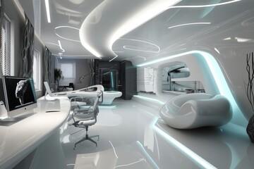 Poster - modern and futuristic office, Futuristic office design with modern technology equipment, Office of the future with advanced furniture and lighting design. AI generated