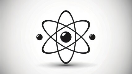 Black atom molecule symbol isolated on white background, minimalist flat logotype design element, science technology concept illustration.