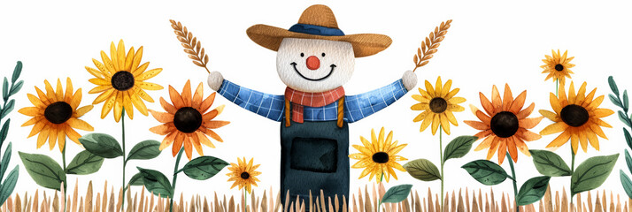 Wall Mural - Watercolor illustration of a friendly scarecrow with vibrant sunflowers and wheat for All Saints Day bright simple watercolour background banner 