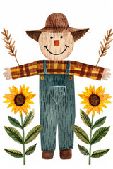 Wall Mural - Watercolor illustration of a friendly scarecrow with vibrant sunflowers and wheat for All Saints Day bright simple watercolour background 