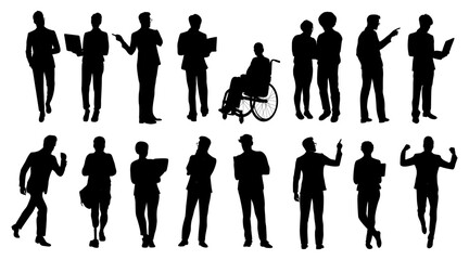 Wall Mural - Silhouettes of diverse business people standing, walking, men, women full length, disabled persons sitting in wheelchair. Inclusive business concept. Vector illustration on transparent background