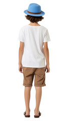 Wall Mural - PNG White boy wear gap hat stip brown line t-shirt and blue short shorts footwear white background.