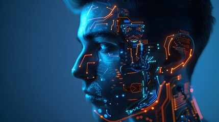 Wall Mural - Futuristic Human Face with Digital Circuitry and Neon Lights Representing Artificial Intelligence and Technology