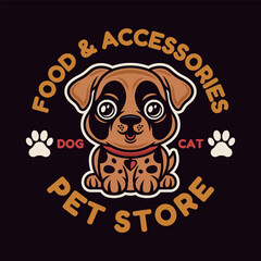 Wall Mural - Pet store vector emblem concept with cute cartoon dog character illustration in colored style on dark background