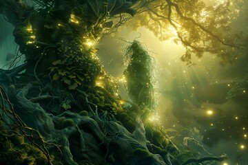 AI generated illustration of a magical forest scene with glowing lights and sun