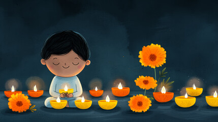 Wall Mural - Watercolor illustration of a jubilant child holding giant marigolds surrounded by lit oil lamps for Diwali bright simple watercolour background 