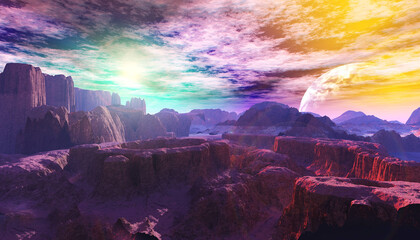Wall Mural - incredible landscape of the surface of venus, fantastic landscape of an alien planet, 3d rendering