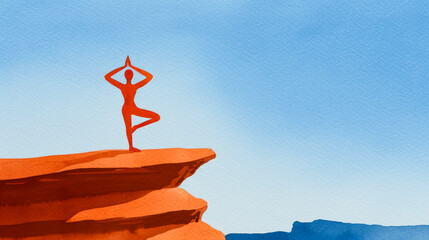 Wall Mural - Watercolor illustration of a meditative yoga practitioner striking a pose atop a scenic overlook in Arches National Park bright simple watercolour background 