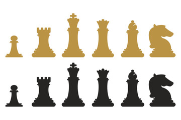 Fototapete - Chess pieces are black and yellow. A selection of silhouettes of chess pieces.