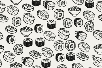 Poster - Monochrome sushi pattern. Vector and seamless pattern with asian cuisine of fish and rice. Sushi pattern black and white.