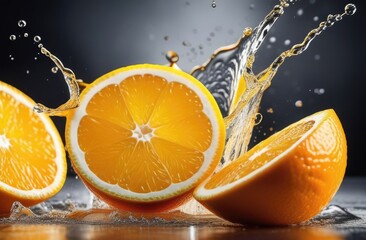 Fresh orange with water splash. Half of a ripe orange fruit