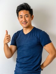 Poster - Asian man in blue shirt giving thumbs up.