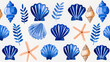 © fotogurme - Watercolor illustration of a modern minimalist Scandinavian seashell pattern in coastal blue on white ink watercolour