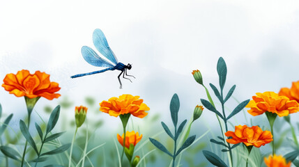 Wall Mural - Watercolor illustration of a mystical dragonfly hovering over autumnal marigolds for Diwali bright simple watercolour background 