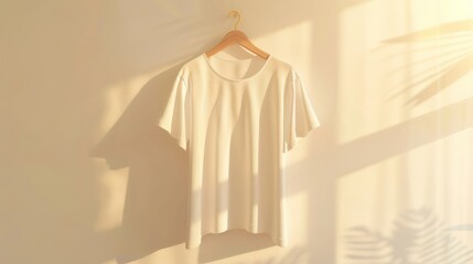 Wall Mural - White T-shirt hanging on a hanger against a wall with sunlight and shadows