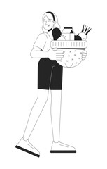 Wall Mural - Caucasian woman carrying hat with food black and white 2D line cartoon character. European female using cap as bag isolated vector outline person. Lifestyle monochromatic flat spot illustration