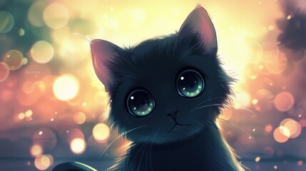 Wall Mural - Cute Black Kitten with Big Eyes in a Dreamy Setting