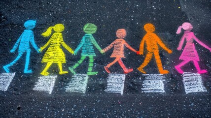 children cross the street at a pedestrian crossing. Drawing on asphalt with colored chalks