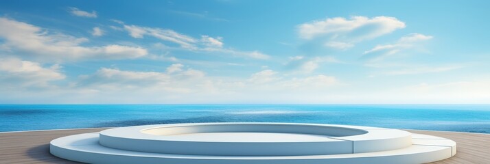 Wall Mural - Minimalist White Platform with Ocean and Blue Sky Background