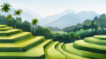 Wall Mural - Watercolor illustration of a tranquil Bali rice terrace bathed in golden autumn light ink watercolour 