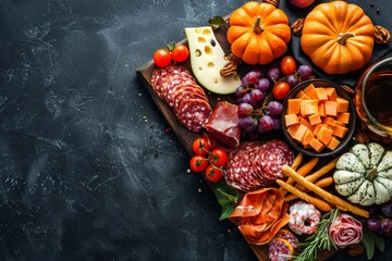  Halloween Charcuterie Board, A serving board with snacks for an fall party. The concept of Thanksgiving day. Meat cuts, vegetables and decorative pumpkins on a dark background. 