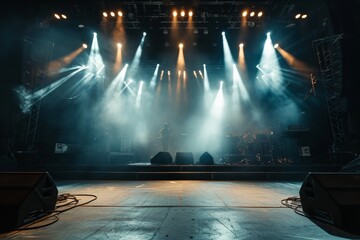 Empty concert stage with illuminated spotlights and smoke. Stage background with copy space, AI generated