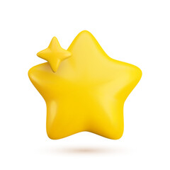 Wall Mural - Vector 3d gold sparkling star icon on white background with shadow. Cute realistic cartoon 3d render of glossy yellow star Illustration for customer rating concept, xmas decoration, game, sticker, app