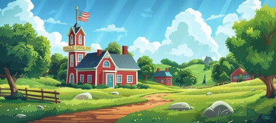 Classic home with nature and America flag. 4th of July or America independence day. Generative AI technology.	
