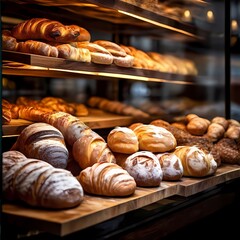 Wall Mural - Different types of bread on bakery shelf, AI generated