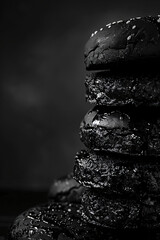 Wall Mural - Black and white photograph of an ultra-realistic black burger, stacked on top of each other with cheese in between them. The background is a dark gray. A close-up shot captures the details 