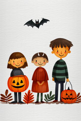 Wall Mural - Watercolor illustration of joyful children making spooky lanterns with eerie autumn motifs for Halloween bright simple watercolour background 