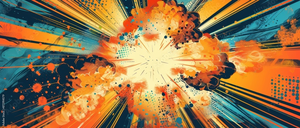 Detailed explosion in comic book style with vibrant orange and blue ...