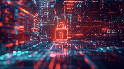 Leinwandbilder - Firewall concept with digital padlock and data streams