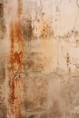 Poster - Weathered concrete wall with rust and peeling paint. Close-up view of distressed beige and brown texture background. Side perspective shows detailed surface with orange, white, and gray colors.