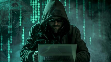 Poster - Hacker in dark room typing on laptop with code on screen, cybercrime concept