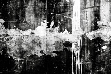 Aufkleber - Distressed wall texture with peeling paint, black spots on white surface. Close-up view of worn-out wall with unique perspective. Ideal for backgrounds, design elements, and art projects.