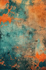 Leinwandbilder - Abstract orange textured background with speckled paint design. Distressed canvas wall surface features blue and green accents. Ideal for tech, eco, and art uses.