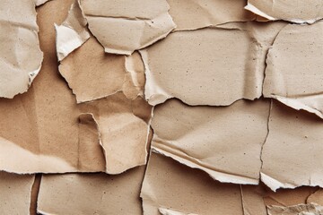 Poster - Brown paper pile on beige surface texture background. Crumpled cardboard pieces overlap and lie flat with random arrangement. No text or objects visible in close-up view.