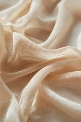 Aufkleber - Close-up of beige fabric with crinkled texture, small holes creating depth. Fabric curled at edges, soft focus on intricate details. Abstract background highlights fabric unique features.