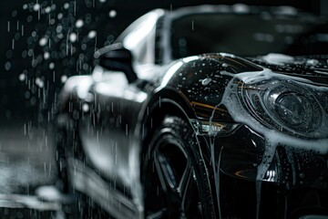 Black sports car covered in soapy foam after wash in dark garage. Close-up of clean glossy black body with water splashing around. Perfect shot for automotive, eco-friendly or tech-related content.